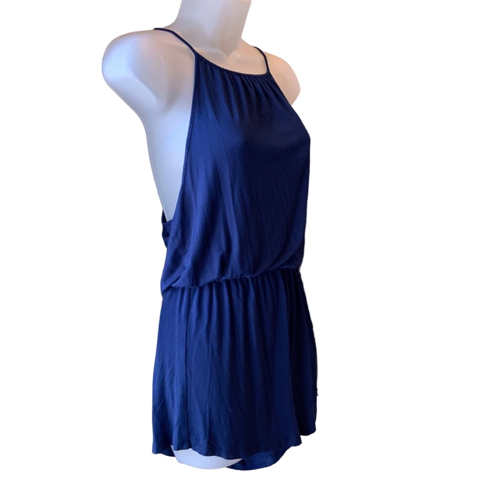 Forever 21 Romper Blue Rayon Deep Cut Sleeveless With Elastic Waist Size SP